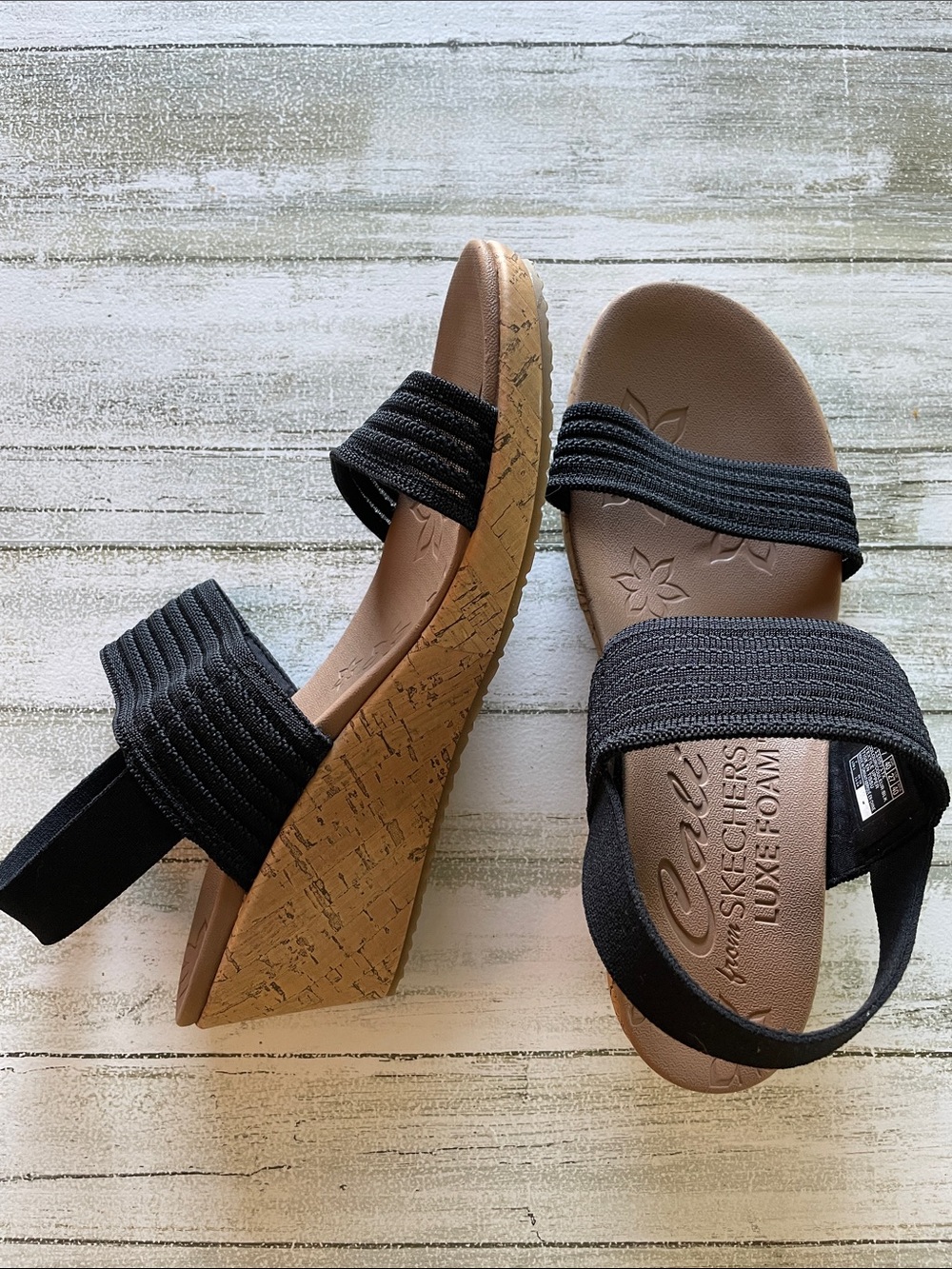 Skechers Black Elastic Strap Cork-Look Wedge Sandals